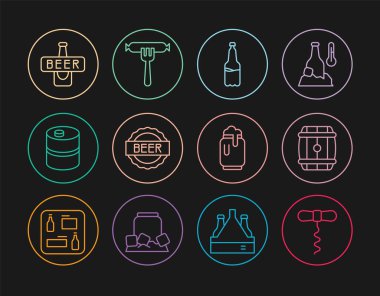 Şerit şarap tirbuşonu tahta fıçı plastik bira şişesi kapağı metal fıçı birası köpük ve sosisi çatal simgesine koyun. Vektör.