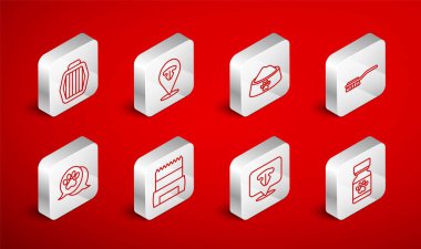 Set line Medicine bottle and pills Cat nose Pet food bowl Hair brush for dog cat carry case Dog shit bag and Paw print icon. Vector.