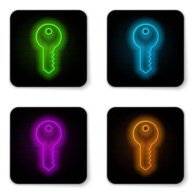 Parlayan neon hattı House anahtar simgesi beyaz arkaplanda izole edildi. Siyah kare düğme. Vektör.