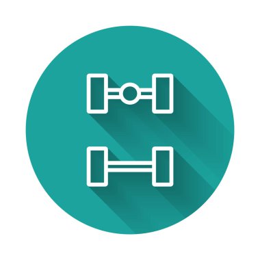 Beyaz çizgi Chassis araba ikonu uzun gölgeli izole edilmiş. Yeşil daire düğmesi. Vektör.