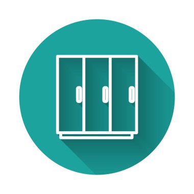 Beyaz çizgi kıyafet ikonu uzun gölgeli izole edilmiş. Yeşil daire düğmesi. Vektör.