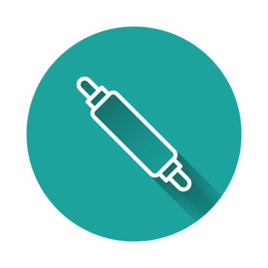 Beyaz çizgi Rolling Pin simgesi uzun gölge arkaplan izole. Yeşil daire düğmesi. Vektör.