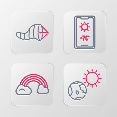 Dünya küresi ve güneş gökkuşağı bulutlu hava tahmini ve koni meteorolojisi rüzgar gülü ikonu. Vektör.