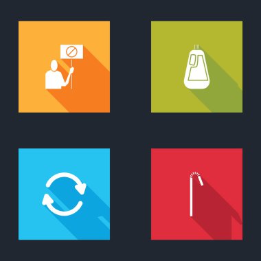 Doğayı kurtarma protestosu, bulaşık deterjanı şişesi, plastik saman ikonu yenile ve iç. Vektör.