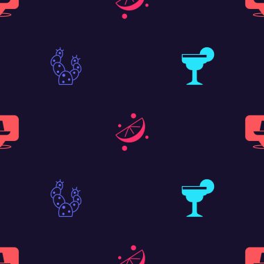 Margarita kokteyli, kaktüs, dilimlenmiş kireç ve Meksika sombrerosunu kusursuz desenlere ayarlayın. Vektör.