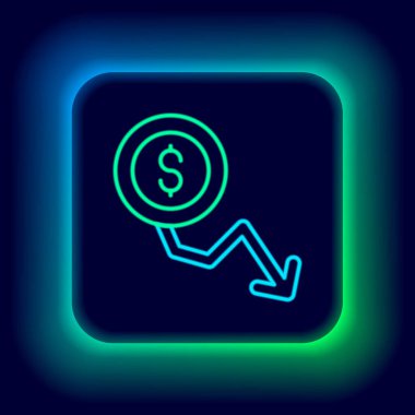 Parlayan neon hattı dolar oranı siyah arkaplanda izole edilmiş simgeyi azaltır. Maliyet düşüşü. Aşağı ok ile para sembolü. İş kaybı kriz azalıyor. Renkli taslak konsepti. Vektör.