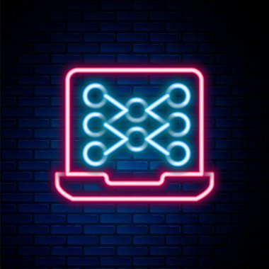 Parlayan neon hattı sinirsel ağ simgesi tuğla duvar arka planında izole edildi. Yapay zeka yapay zekası. Renkli taslak konsepti. Vektör.