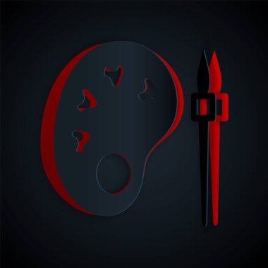 Kağıt kesiği, siyah arkaplanda izole edilmiş palet simgesiyle boya fırçası. Kağıt sanatı tarzı. Vektör.