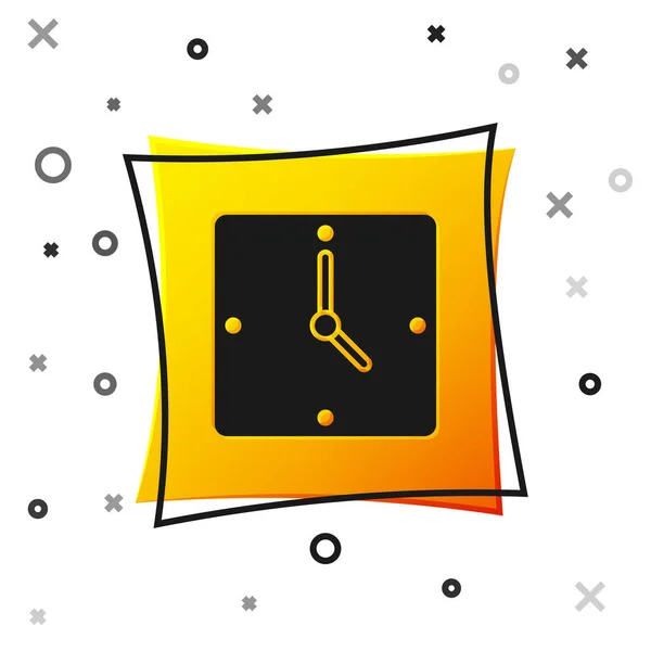 Zwarte Klok Pictogram Geïsoleerd Witte Achtergrond Tijdsymbool Gele Vierkante Knop — Stockvector