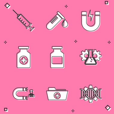 Şırınga test tüpünü bir damla kan mıknatıslı yıldırım ilacı şişesi ve biyomühendislik ikonu ile ayarla. Vektör.