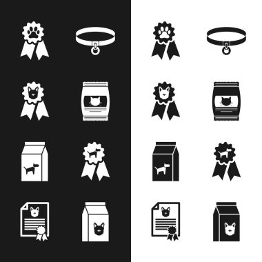 Kedi Köpeği ödül sembolü Kedi tasmalı köpek ve ikon için yiyecek çantası hazırla. Vektör.