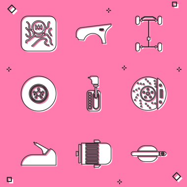 Vites değiştiren araba çamurluğu Chassis araba fren diskini kalibre el freni ve elektrik motor ikonu ile ayarla. Vektör.