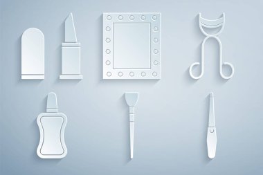 Makyaj fırçası kirpik bigudi, şişe cilası aynası, ışık ve ruj ikonu hazırla. Vektör.