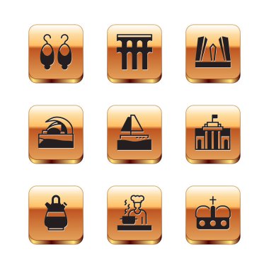 Set Küpeleri Sangria sürahisi İspanyol aşçı Yacht yelkenli Konser Salonu Avrupa 'nın Tenerife Kapısı İspanya ve Aqueduct Segovia ikonu. Vektör.