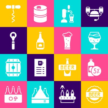 Bira şişesi, şişe kapağı, bardak bardak açacağı, şarap açacağı, tirbuşon ve ikon. Vektör.