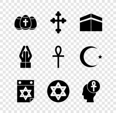 Paskalya yumurtası Hıristiyan haçı, Kabe camii takvim yıldızı Davut Haç Ankh elleri dua pozisyonu ve ikon. Vektör.