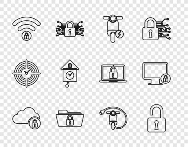 Hat Cloud bilgisayar kilidi açık asma kilit elektrikli scooter dizini ve Wifi Retro duvar saatini ve kilidi monitör simgesine ayarlayın. Vektör.