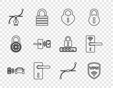 Hat Smart araba alarm sistemini VPN kablosuz Castle 'a göre ayarla. Kapı kolu Bezier eğrisi, dijital kapı kilidi ve simgesi şeklinde. Vektör.
