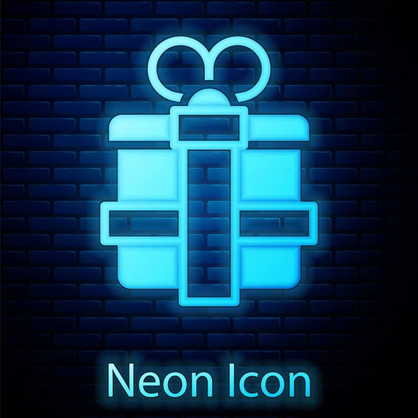 Icono Caja Regalo Neón Brillante Aislado Fondo Pared Ladrillo Vector — Vector de stock