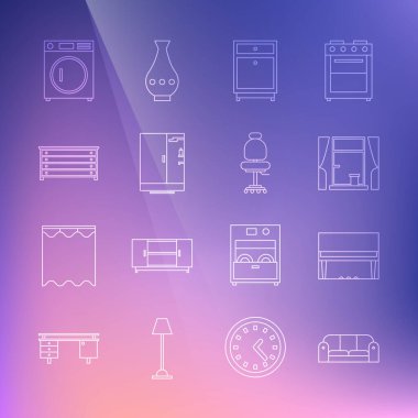 Sıralı Büyük Piyano Penceresi, perdeleri, mobilyaları, komodini, duş kabinini, sandık çekmecelerini ve ofis sandalye ikonunu ayarla. Vektör.