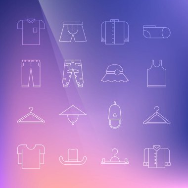 Çizgili tişört askısı elbise askısı kolsuz kamuflaj pantolon pantolon polo ve zarif kadın şapkası ikonu. Vektör.