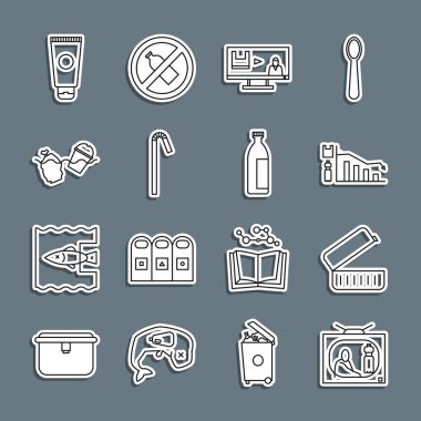 Plastik Kirliliği Durdur Yemek Kutusu Ekolojisi Bilgi Toplama Okyanus Kremi Kozmetik Tüpü ve Losyon İkonu 'ndan saman İçme Problemi. Vektör.