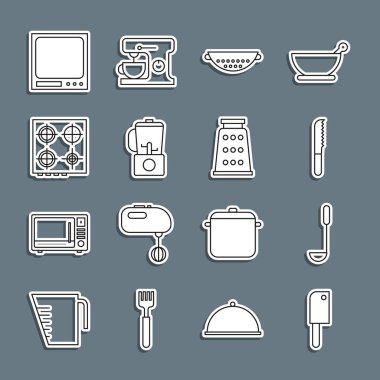 Meat Chopper Kitchen kepçe kepçeli ekmek bıçağı süzgeç karıştırıcı gaz ocağı ve elektronik soba pulları ve Grater ikonu. Vektör.