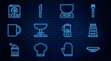 Mutfak süzgeci kevgir rendesi elektronik ölçekler kahve fincanı elektrikli soba blenderi ve ekmek bıçağı ikonu. Vektör.