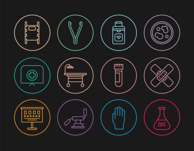 Çizgi Test tüpü ve mataralı bandaj bantlı Organ kabı ameliyat masası hemşire şapkası ve çapraz sedye kanı ve tıbbi cımbız ikonu koyun. Vektör.