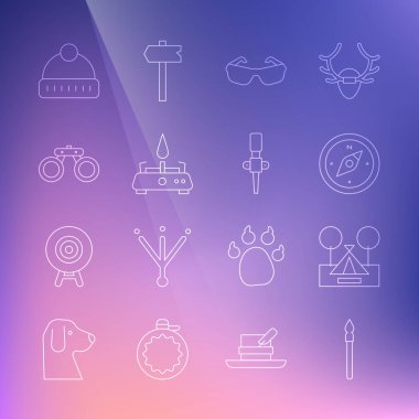 Orta Çağ mızrak Turist Çadırı Pusula Bardakları Gaz Ocağı Dürbünü Kış şapkası ve Meşale alev ikonu. Vektör.