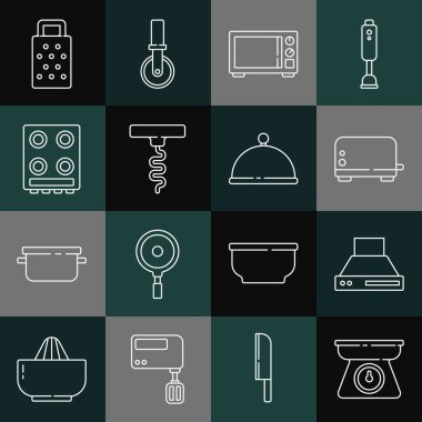 Hattı ölçeklendirir mutfak sökücü fan tost makinesi mikrodalga fırın şarap tirbuşonu soba rendesi ve tepsi simgesi ile kaplanır. Vektör.