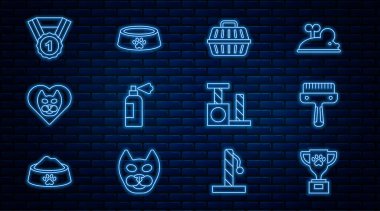 Kedi ve köpek için Pet ödüllü fırça Köpek sembollü şampuan kalbi ve yemek kasesi ikonu. Vektör.