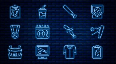 Çizgi Planlama Stratejisi Beyzbol sopası ve top takvimi beyzbol oyunu Medal Broken and Paper cam su ikonu. Vektör.