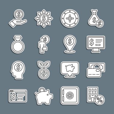 Satır Evi 'ni indirimli kredi kartı monitörlü güvenli iş adamı Diamond nişan yüzüğü takmayı planlıyor para ve nakit konum ikonu veriyor. Vektör.