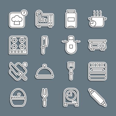 Yuvarlanan raptiye, Oven Elektronik ölçekli reçel kavanozu, et gazı ocağı ocağı, aşçı şapkası ve mutfak önlüğü ikonu. Vektör.