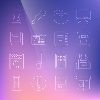 Projection ekran okulu sahnesi, Apple kimlik kartı, eski kum saati ve not defteri simgesi. Vektör.