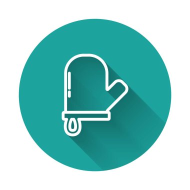 Uzun gölgeli beyaz çizgi fırın eldiveni ikonu. Mutfak tutacağı işareti. Yemek eldiveni. Yeşil daire düğmesi. Vektör.