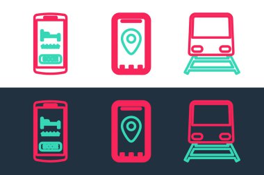 Train Online otel rezervasyonu ve şehir haritası simgesinin Infographic 'ini ayarla. Vektör.
