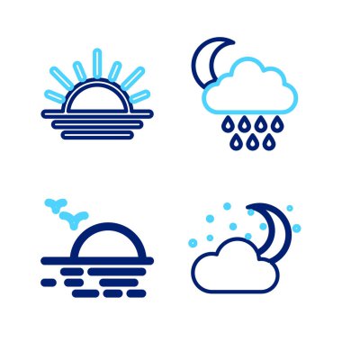 Bulut 'u ay ve yıldızlarla aynı hizaya getir. Gün batımı yağmur ve ikon. Vektör.