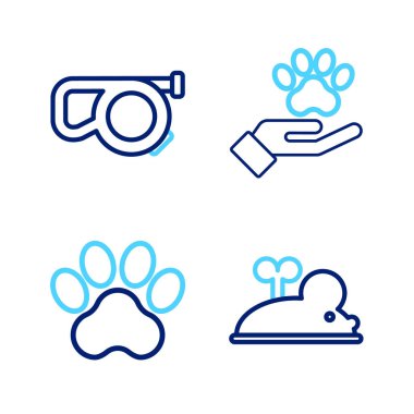 Clockwork fare pençesi çizgisi ile hayvanların ayak izi ve geri çekilebilir ip tasma ikonu oluşturun. Vektör.