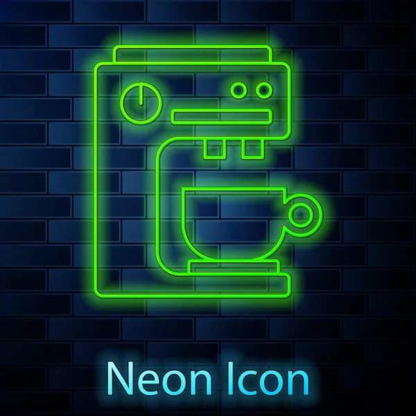 Ragyogó Neon Vonal Kávéfőző Ikon Elszigetelt Téglafal Háttér Vektor — Stock Vector