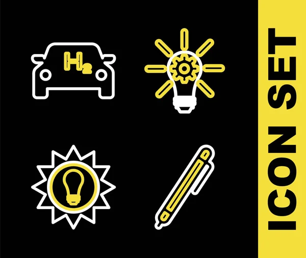 Установить Линию Лампочки Передачей Pen Солнечной Панели Энергии Иконка Автомобиля — стоковый вектор