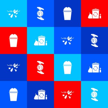 Kirlilik gezegenini, Dünya 'yı tutan elleri, kağıt bardak suyunu ve geri dönüşüm ikonuyla geri dönüşüm kutusunu ayarla. Vektör.