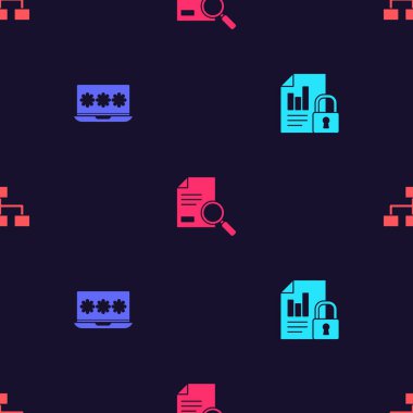 Belge ve kilidi ayarlayın, dizüstü bilgisayarı parola, arama ve hiyerarşi organizogramı ile kusursuz desen üzerine kurun. Vektör.