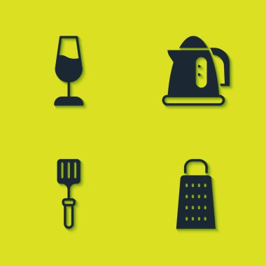 Şarap kadehi rendelenmiş ızgara spatula ve elektrikli su ısıtıcısı simgesini hazırlayın. Vektör.