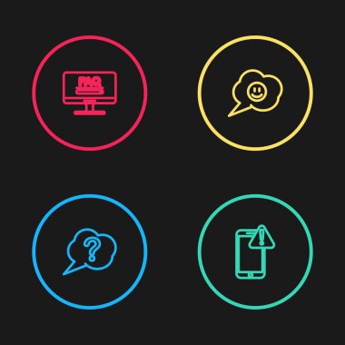 Konuşma balonu soru cümlesini, ünlem işaretli mobil telefonu, gülen yüz ve SSS bilgi simgesini görüntüle. Vektör.