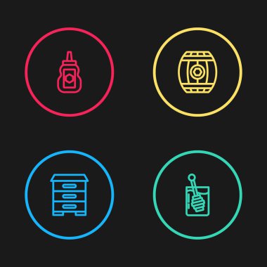 Arılar için Kovan hattı, Bal Çubuğu, Ballı Tahta Varil ve İkonun Kavanozu. Vektör.