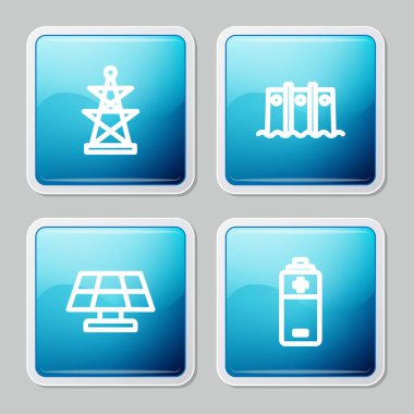 Elektrik kulesi, hidroelektrik barajı, güneş enerjisi paneli ve pil ikonu ayarlayın. Vektör.