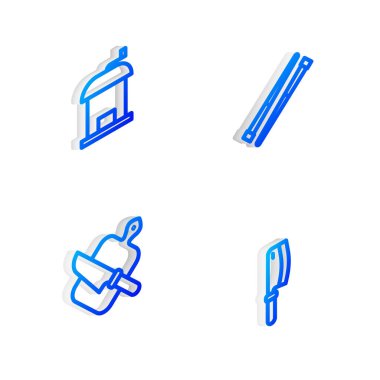 Isometric Hattı Yemek Çubukları Elle Kahve Öğütücü Kesme tahtası ve Bıçak ve Et Helikopteri ikonu. Vektör.