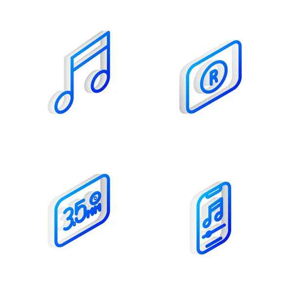 Stel Isometrische Lijn Record Knop Muziek Noot Toon Audio Jack — Stockvector